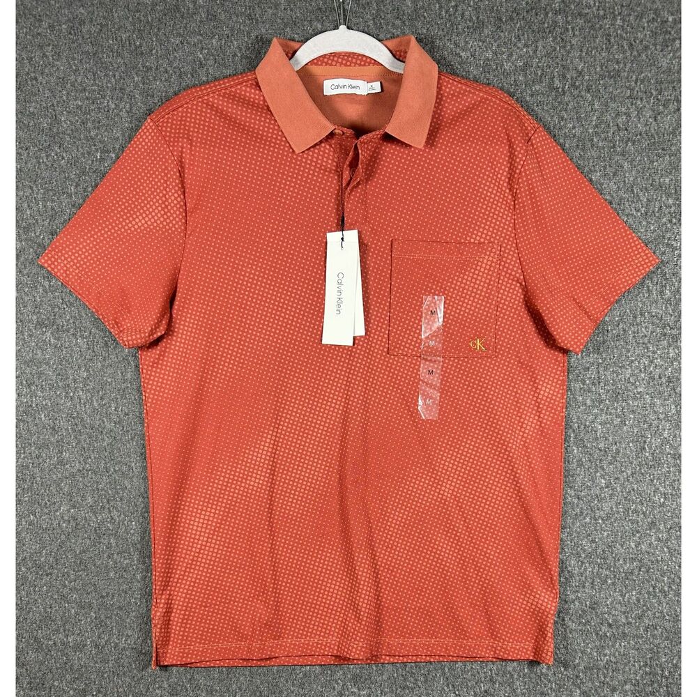 NWT Calvin Klein Men's Smooth Cotton Dot Print Polo Shirt Rust Orange - Size M